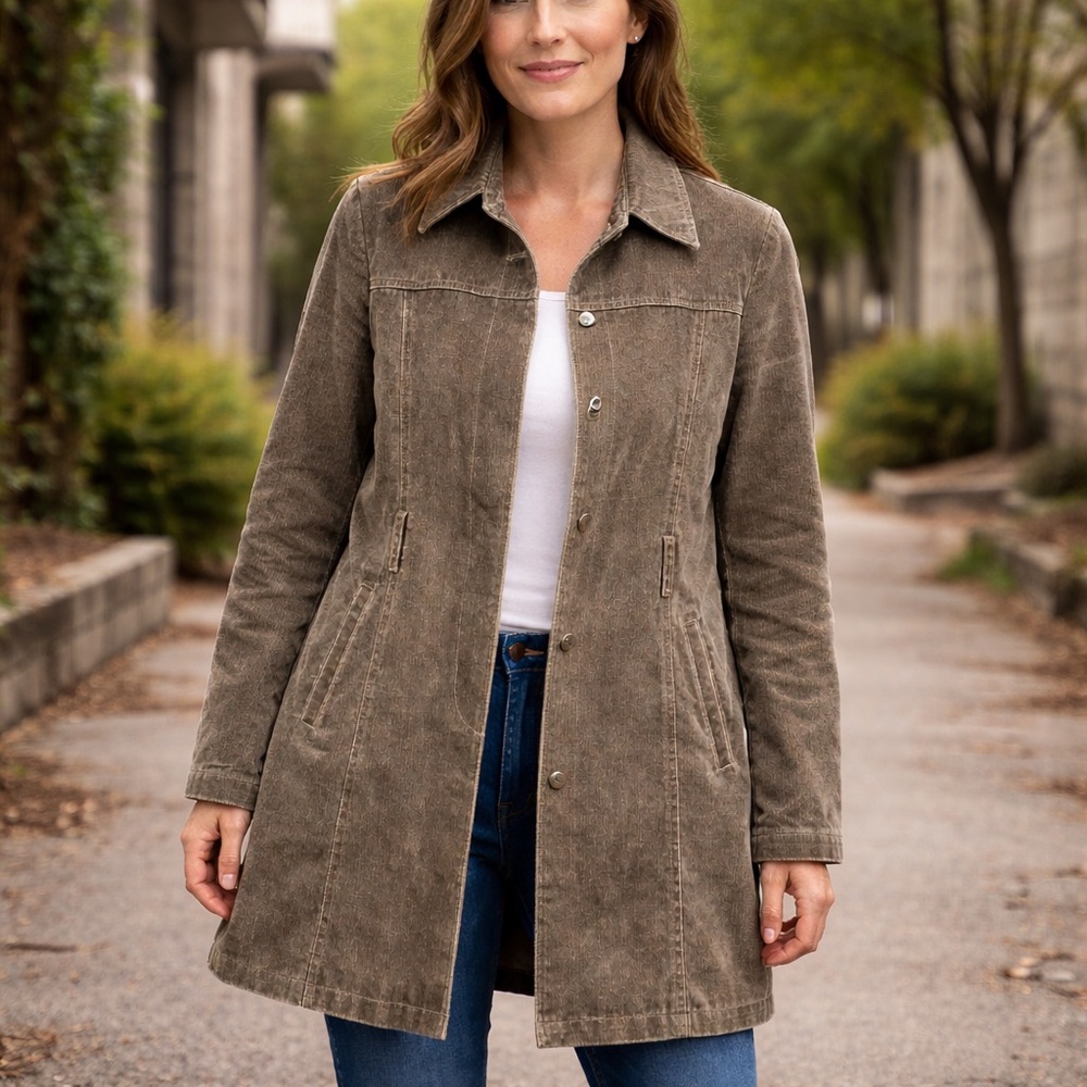 DJ&C Taupe Utility Trench Coat Womens XL Lined Button Front Long Jacket Pockets